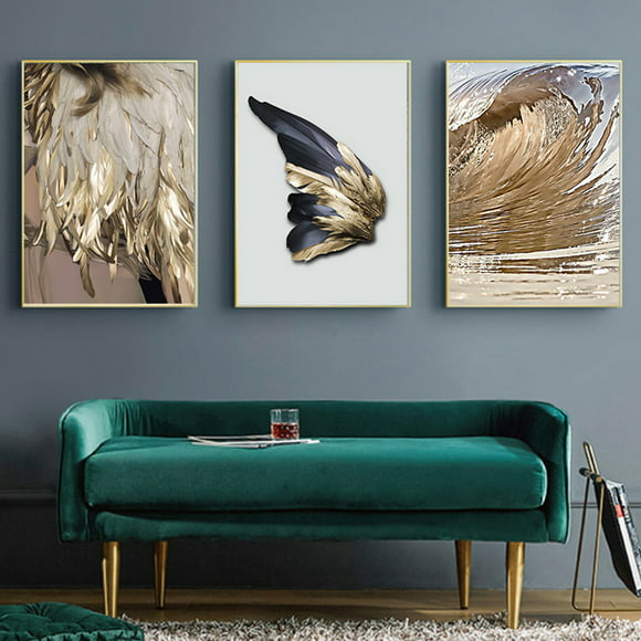 Sea Charm Feather Canvas Wall Art,3 Panels Vintage Feathers Wall Painting Art for Living Room Bedroom Wall Decor,Watercolor Giclee Print Framed Ready to Hang 